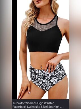Women 2 PC Mesh Black/White Floral Swimsuit / Tankini, Size Small NEW